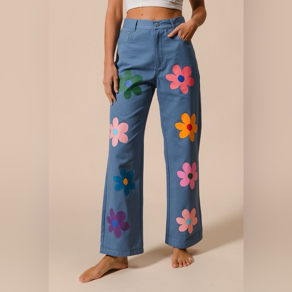 Floral Blue Wide-Leg Pants